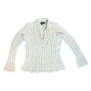 VTG LRL Surplice V-Neck Long Sleeve Ivory Scalloped Fisherman Cable Knit Sweater